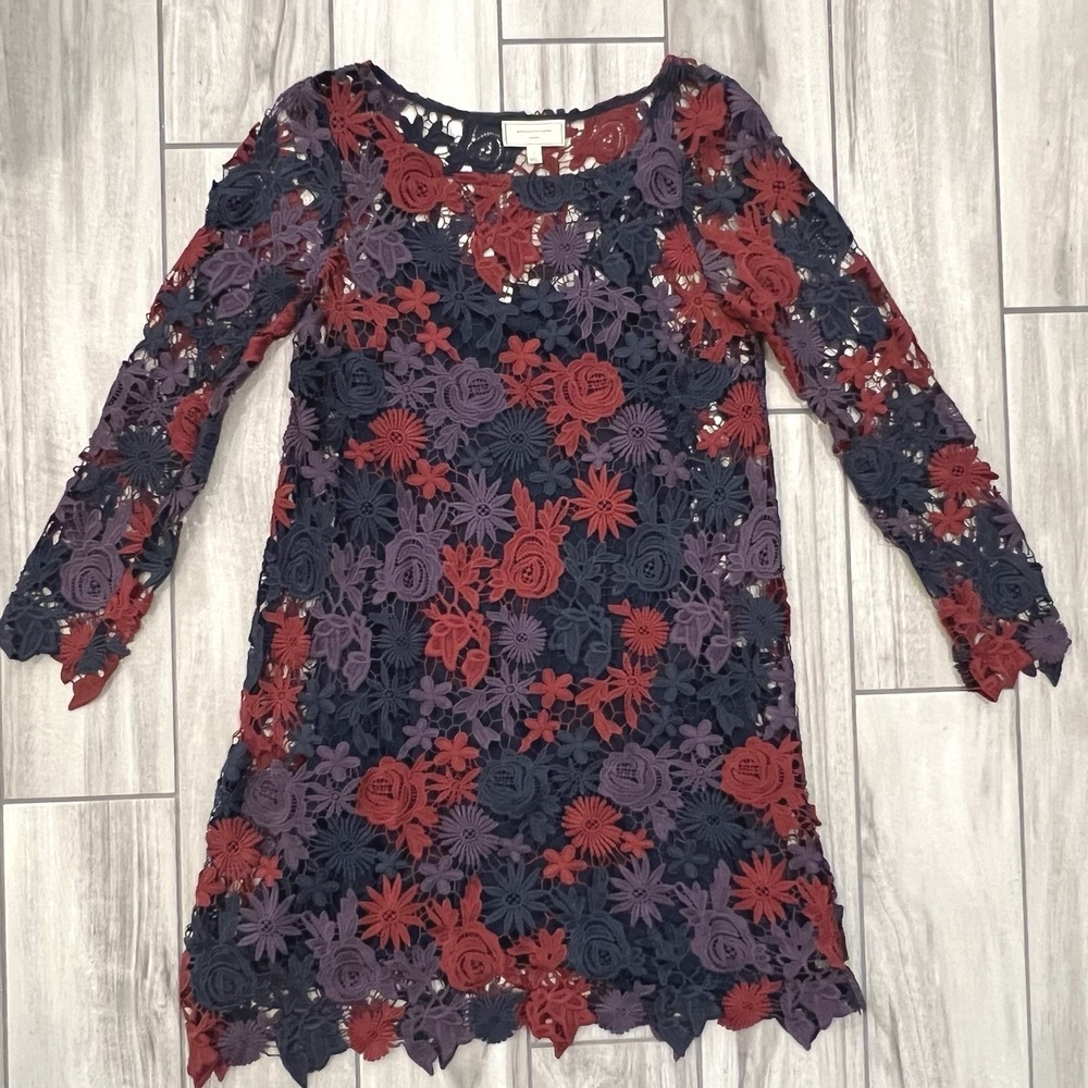 Moulinette Soeurs Lace Dress Womens 4 Navy Burgundy Floral Mini Anthropologie